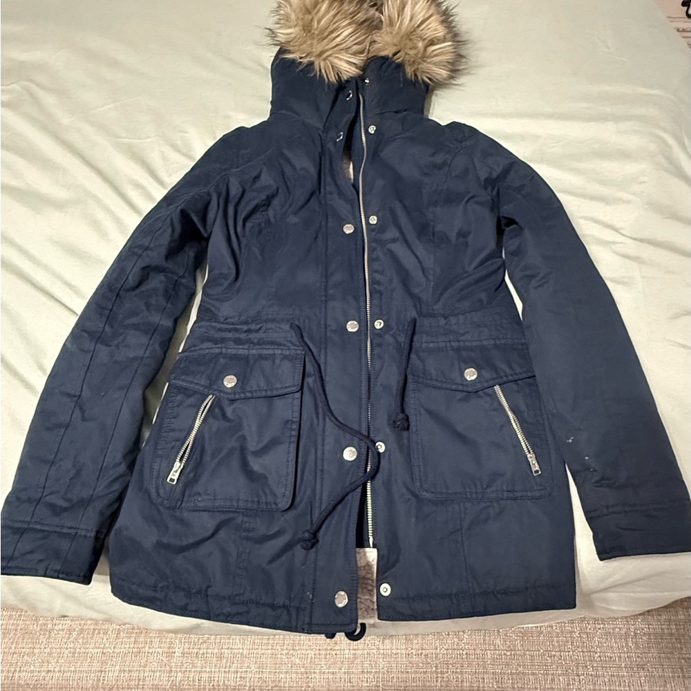 Hollister Dark Blue Winter Jacket with Faux Fur Hood